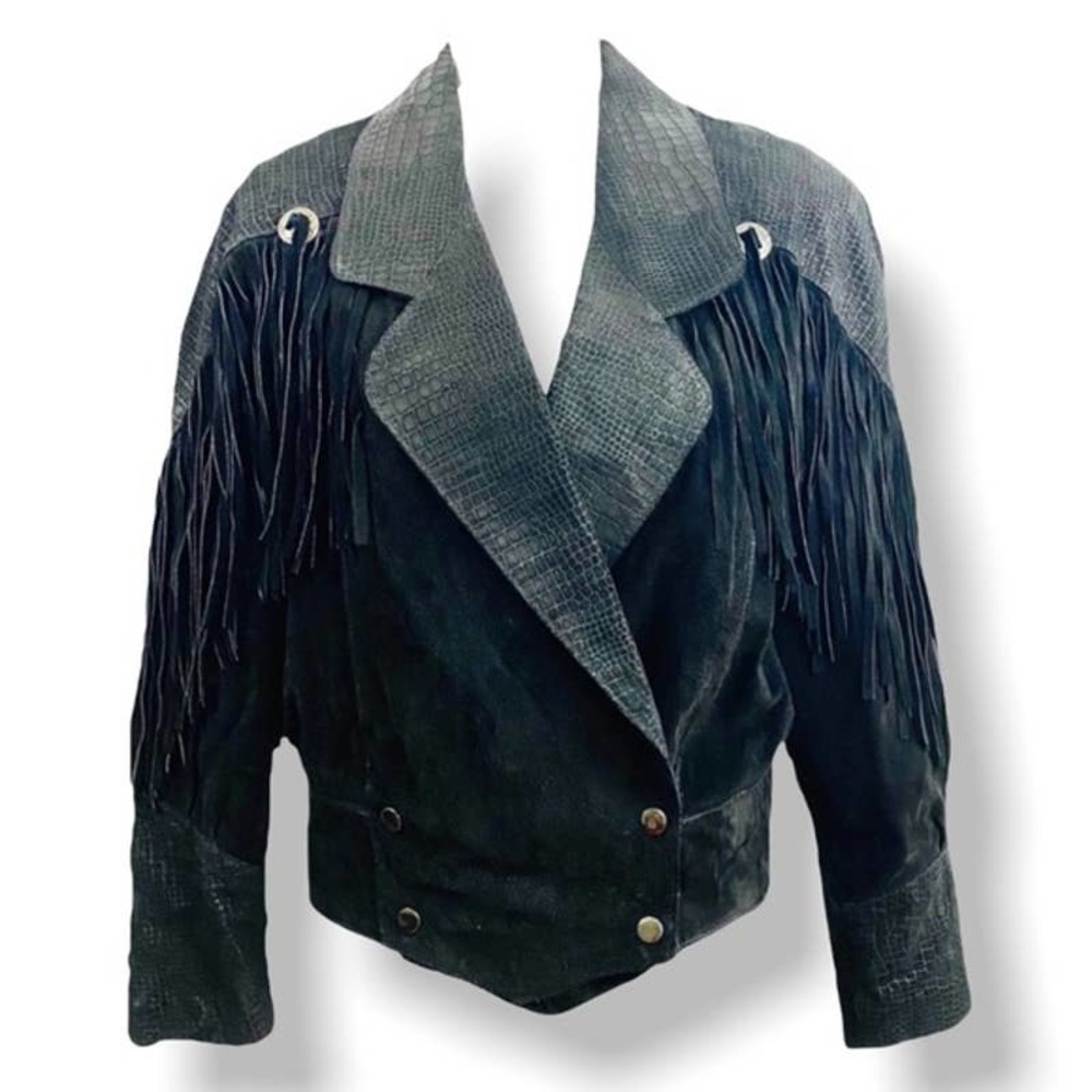 Charles Klein Snakeprint Detail Leather and Suede Black Fringe Leather Coat